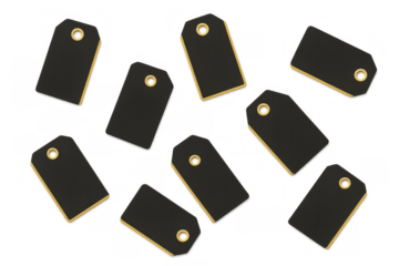 Black and gold blank price tags and labels falling on transparent background, perfect for sale and discount promotions