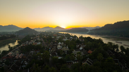 Drone aerial view of Luang Prabang an UNESCO World Heritage city in Laos.