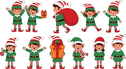 Cartoon Christmas elf character set with gifts, sack, ornament, scarf, and playful poses for festive holiday themes.