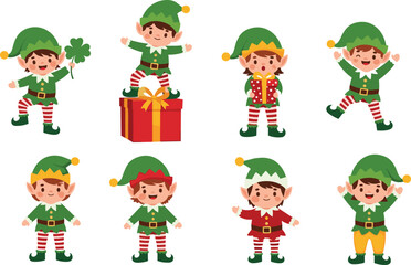 Cartoon Christmas elves with gifts in festive outfits, holiday celebration characters in colorful costumes for seasonal decoration and storytelling design