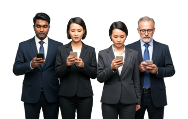 Four diverse business people intently focused on their smartphones, representing modern communication, digital connectivity, and the pervasive use of mobile technology in professional environments.