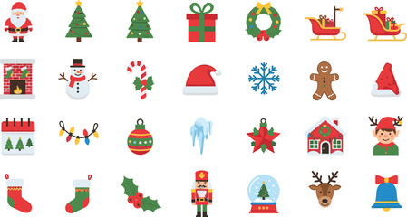 Christmas icon set with Santa, tree, sleigh, snowman, ornaments, and festive symbols for holiday design and decoration.