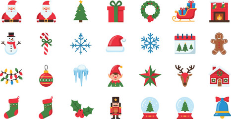 Christmas icon set with Santa, tree, snowman, gifts, ornaments, and festive symbols for holiday design and decoration.