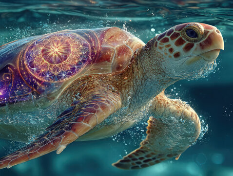 Majestic sea turtle swimming underwater with vibrant, glowing mandala patterns on its shell, blending marine life with fantasy and art.
