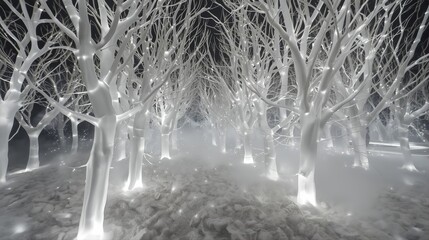 Cloud Dancer 2026 an enchanting, futuristic forest of translucent trees bathed in glowing light, with delicate mist and luminous branches. Ideal for fantasy, technology, and winter-themed projects