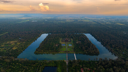 Naklejka premium Aerial view of Ancient Khmer architecture. Panorama view of Angkor Wat temple at sunset. Siem Reap, Cambodia