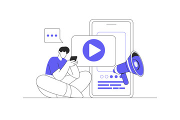 Online lecture, internet course watch on phone, digital. Remote education, play button on screen of smartphone, music player. Flat Cartoon Vector Illustration, icon Stylish abstract design landing web