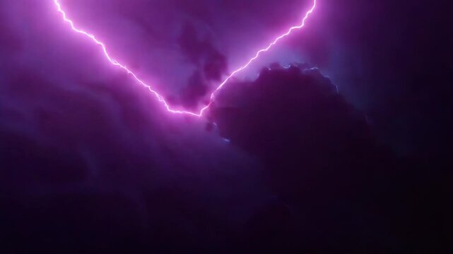 Purple lightning striking a dark stormy sky