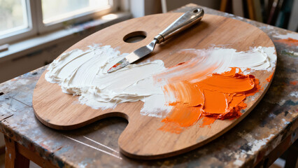 Artist's palette with orange and white paint on a wooden table in a bright studio 