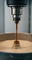 Precision process of custom color creation shown by a machine dispensing rich liquid pigment into a large container of neutral paint base ,selection ,volume ,chemistry