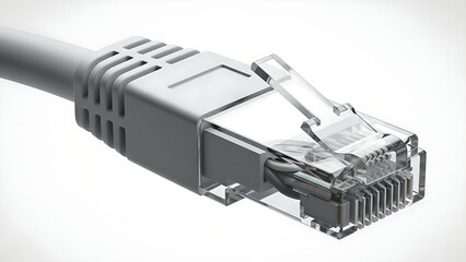 Close-up of a white Ethernet cable connector with transparent RJ45 plug and visible wires