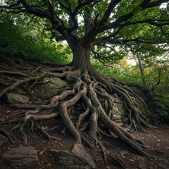 Fototapeta premium Thick, gnarled roots of an ancient oak tree gripping the rugged mountainside, symbolizing stability and the deep anchors of nature ,secure ,oak ,ground