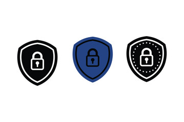 Three different shield icons with a padlock representing cyber security and data protection Vector