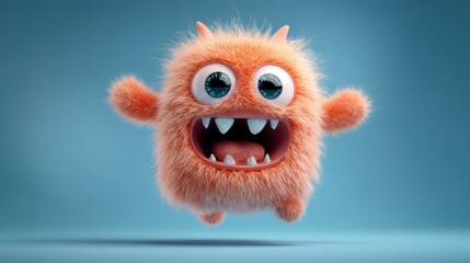 A fluffy orange monster with large expressive eyes and prominent teeth is jumping in the air. The background is blue and simple. This creature appears friendly and playful.