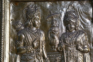Ram Sita Wedding Scene Engraved on Silver Gate with Ornate Hindu Temple Art