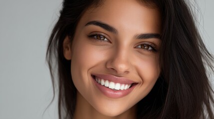 A woman with long dark hair smiles widely. Her bright eyes convey warmth. The background is light and neutral focusing on her expression and features.