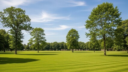 Lush Green Park with Striped Lawn and Scattered Trees