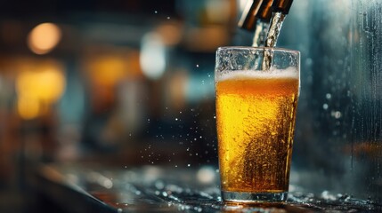 A bartender pours beer from a tap into a clear glass. The golden liquid fills the glass while small droplets of beer splash onto the bar surface. The setting is casual and lively.