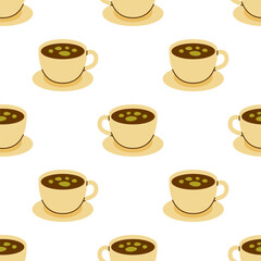 Vector coffee seamless pattern with cups on saucers isolated on white. Morning breakfast hot drink background illustration for cafe, menu, kitchen, packaging, design. Dubai hot chocolate.