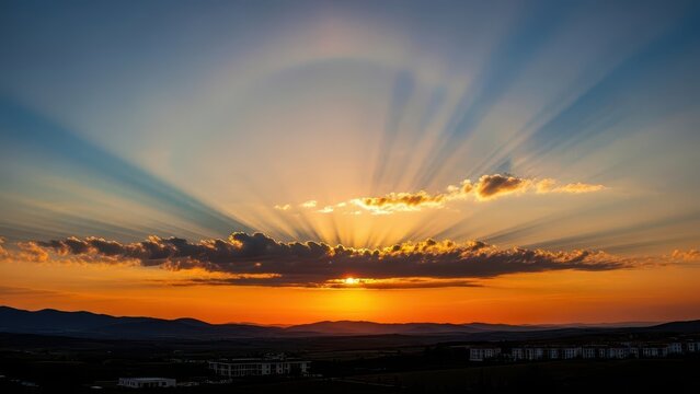 Majestic Sunset with Crepuscular Rays Over Hills