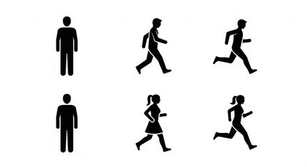 People silhouettes in various poses including standing walking and running