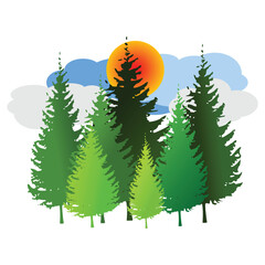 Evergreen Forest with Sun &ndash; Stylized Nature Landscape Illustration