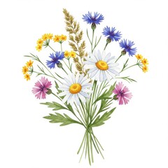 Fototapeta premium Watercolor Bouquet of Wildflowers with Daisies Cornflowers and other Plants