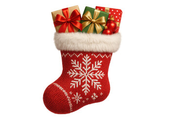 Red knitted christmas stocking full of holiday presents and ornaments, celebrating winter festivities on a transparent background