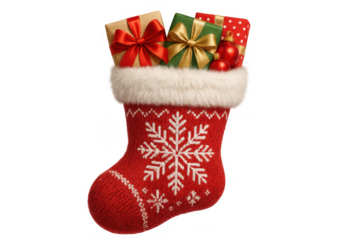 Red knitted christmas stocking full of holiday presents and ornaments, celebrating winter festivities on a transparent background