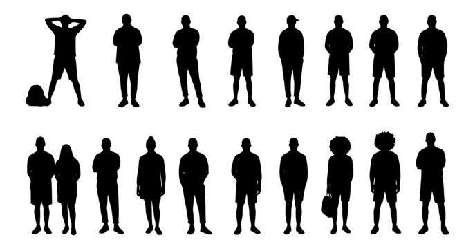 Vector silhouettes men and women, illustration. Silhouettes of young people posing in casual clothes. Transparent SVG version.