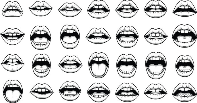 Mouth shape illustration grid, phoneme lip-sync poses, speech animation reference, black icons, cad drawing flat vector illustration