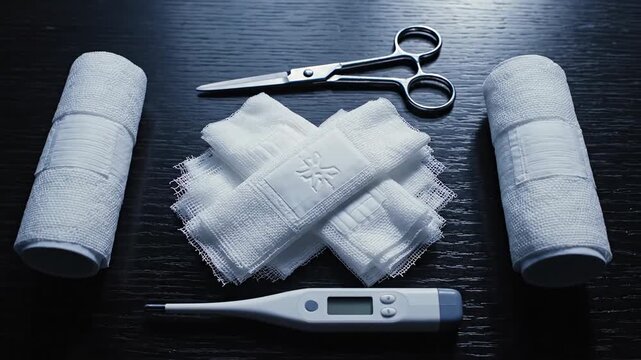 Flat lay of medical supplies two gauze rolls, folded bandages, scissors, and a digital thermometer!