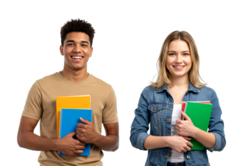 Two young students smiling brightly and confidently while holding colorful notebooks, symbolizing readiness for learning and academic success.
