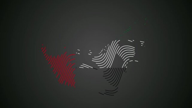 United Arab Emirates Map from dynamic waves on gray background.  Appearance  national flag of UAE.  National flag shaped map United Arab Emirates. 4K. Animated Video.