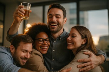 Happy friends hugging closely at casual celebration indoors, man raising drink as group laughs together.