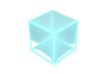 Glowing 3d neon cube frame creating a futuristic transparent hologram grid, abstract technology concept on transparent background