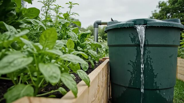 A garden bed with lush green plants beside a large green barrel watering from a spout at dusk scene