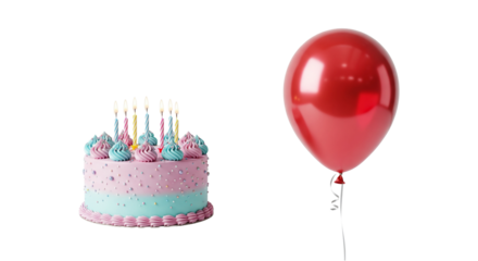 birthday cake isolated on white background candles and balloon