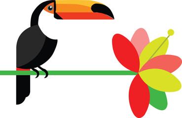 Fototapeta premium Colorful toucan bird perched on a branch with a bright tropical flower illustration