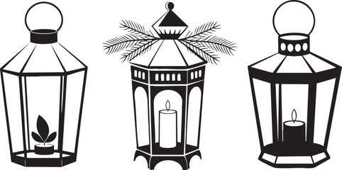 Set of Vintage Lanterns with Candles and Greenery © MR JOKER