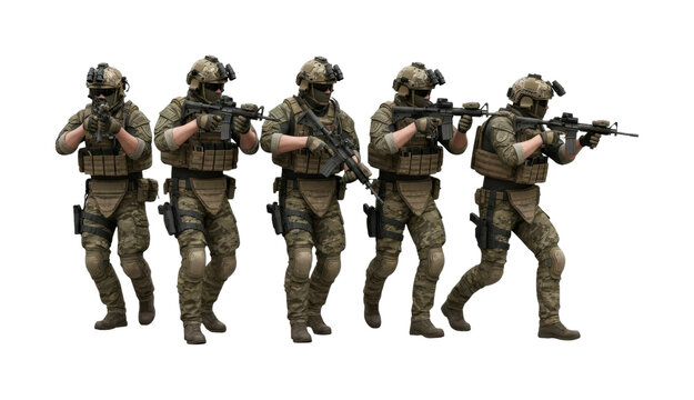 Five armed military soldiers wearing tactical gear and camouflage uniforms, moving in formation with rifles ready for combat operations.