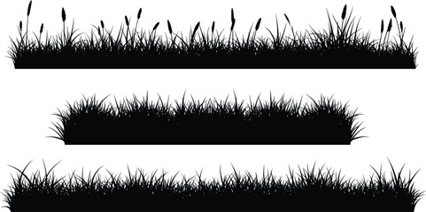 Grass silhouette illustration, wild and dense blades, black strips, nature border, vector art, cad drawing flat vector illustration
