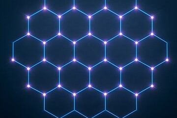 Abstract futuristic background with a glowing hexagonal grid. Luminous blue and purple neon lights on a dark backdrop representing technology and innovation.