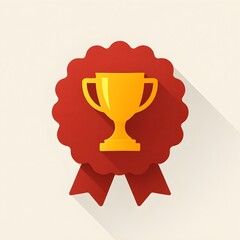 Golden trophy award on a red ribbon badge illustration. Symbol of victory, success, and achievement in a flat design style.