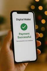 Successful mobile payment on a smartphone screen using a digital wallet. Hand holding a phone with a transaction complete confirmation, set against a festive holiday background with bokeh lights.