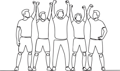 Continuous line art illustration of a team celebrating a point together in minimal contour drawing