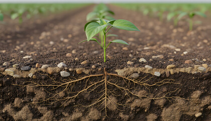 Obraz premium Young plant seedling showing roots in soil cross section