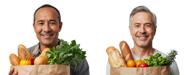 Positive adult man with paper shopping bag with vegetables, fruits and bread isolated on transparent background