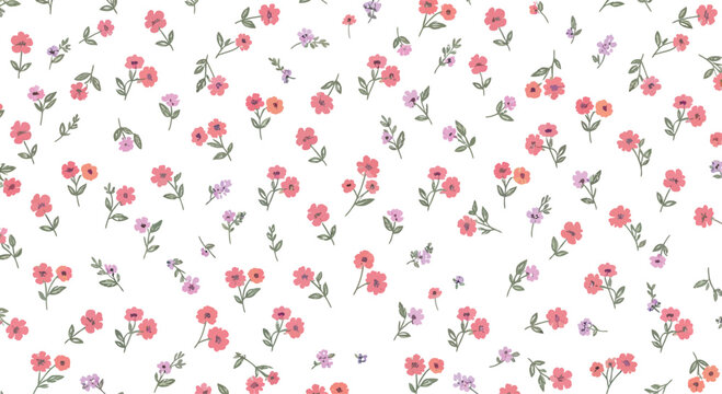 Delicate floral pattern featuring small pink and purple flowers scattered on a white canvas