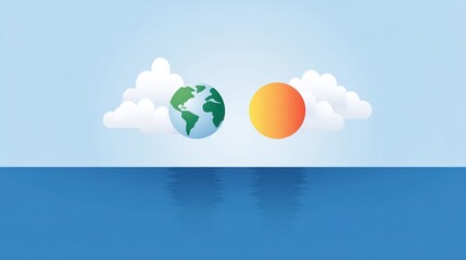 Colorful flat illustration depicting the Earth and sun above a calm ocean, with fluffy clouds in a bright blue sky, symbolizing harmony between nature and the environment
